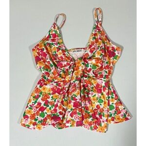 Pink Orange Yellow Floral Bow Knot-Front Babydoll Top Shirt Blouse Size S 💐✨
